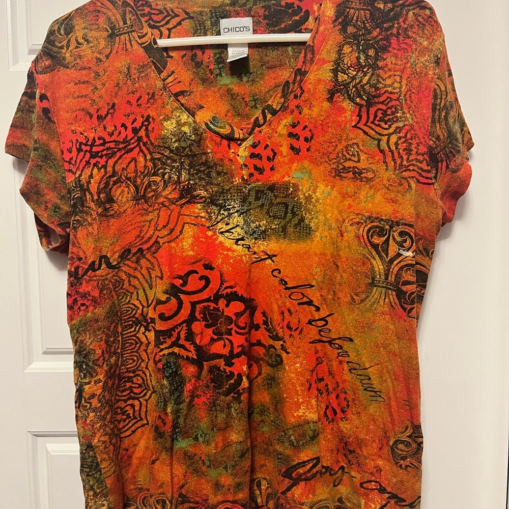Chico's Vivid Orange and Black Patterned Tee